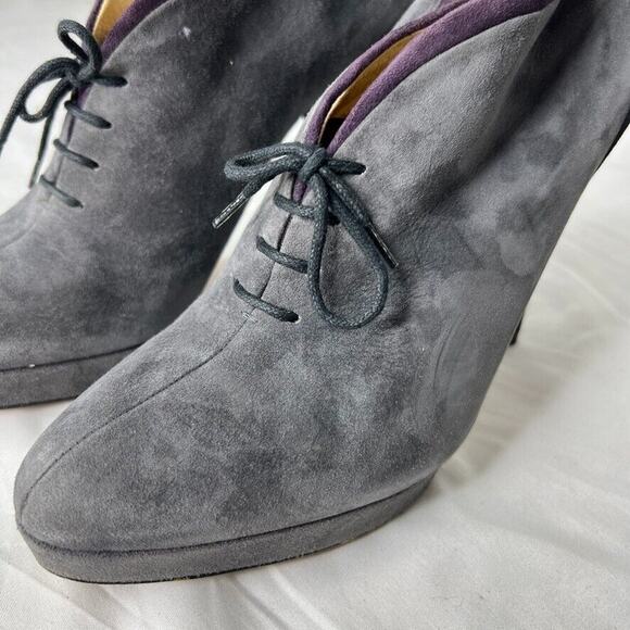 Prada Women's Gray Suede Lace-Up Booties Size 37.5 Italy High Heel Platform - Picture 3 of 10